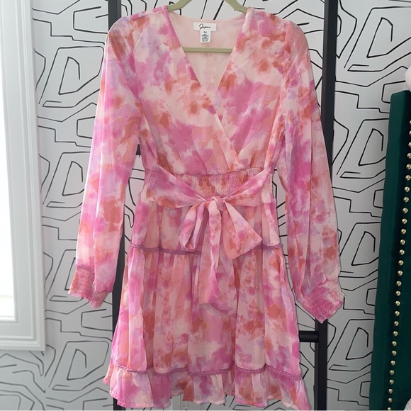 Japna Floral Pink Short Ruffle Mini Tiered Smock Waist Dress Misa , Size Medium - Picture 3 of 10